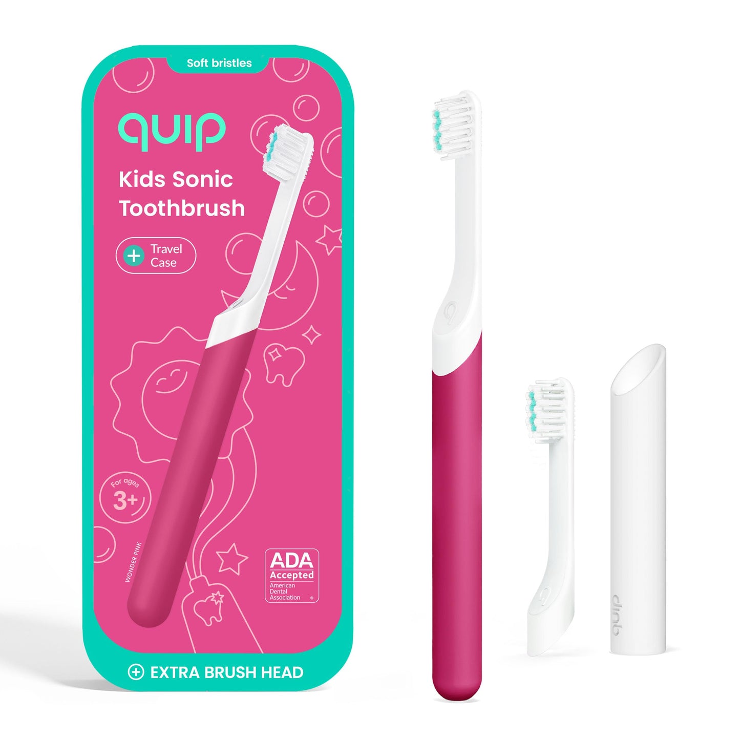 Quip Sonic Toothbrush for Kids with Timer - Includes Extra Brush Head and Travel Cover Mount - Electric, Soft Bristle Refill Head, Rubber Handle, 3 Month Battery Life - Travel Toothbrush - Blue