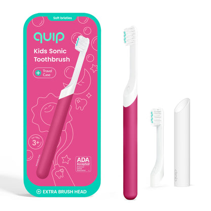 Quip Sonic Toothbrush for Kids with Timer - Includes Extra Brush Head and Travel Cover Mount - Electric, Soft Bristle Refill Head, Rubber Handle, 3 Month Battery Life - Travel Toothbrush - Blue