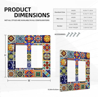 Traditional Colorful Talavera Mexican Spanish Moroccan Tiles Double Rocker Light Switch Cover 2 Gang Wall Plate Covers Decorative Electrical GFCI Outlet Plates for Home Bathroom Kitchen Decor