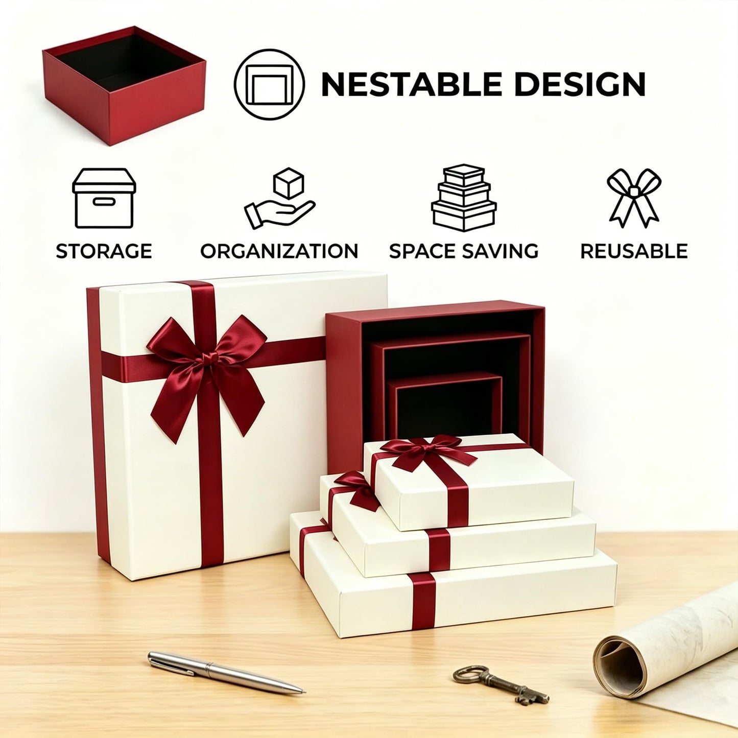 Giftilious Gift Box for Presents – A Set of 4 Elegant Gift Boxes with Lids, Luxury Textured Finish & Satin Ribbon, Ideal Gift Box for Mother's Day, Ready to Gift – No Assembly Required
