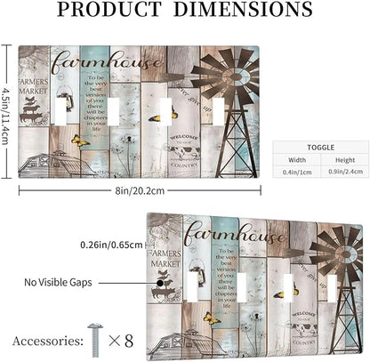 Rustic Western Farmhouse Windmill 4 Gang Decorative light switch plate Cover Vintage Barn Wooden Plank Inspirational Quote Quad Toggle Wall Plate Covers Switchplate Electrical Faceplate