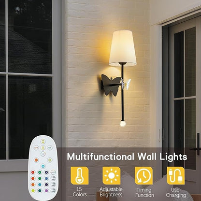 Battery Operated Wall Sconces,Rechargeable Wall Lights with Butterfly Crystal Decorative Sconces,Cordless Battery Sconce Indoor Wall Lamps for Bedroom Living Room Hallway Stairs Black 1 Pack