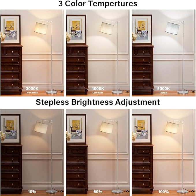 60" Floor Lamps with Remote Control & Bulb, Colors Temperature & Brightness Adjustable, Gray Shade & Silver Pole