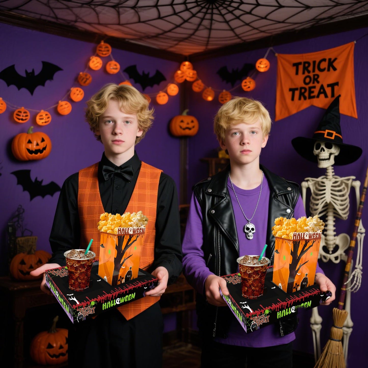 Movie Night Supplies(24pcs)-Neon Style Movie Night Snack Trays*12+Popcorn Buckets*12,Kid's Birthday Party,Game Night,Movie Night Snack Trays with Popcorn Bags. (Horror theme)