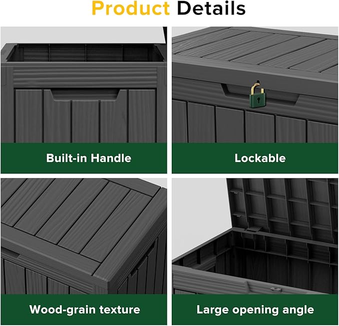 45 Gallon Waterproof Large Resin Deck Box Indoor/Outdoor Lockable Storage Container and Seating for Garden, Pool, and Patio (45 Gallon, Black)