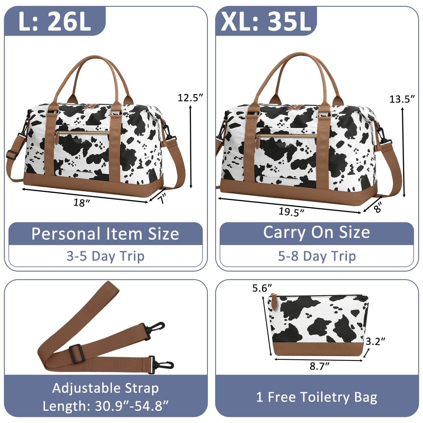 ELONGRIVER Travel Duffle Bag for Women, Weekender Bags, Hospital Bag for Labor Delivery, Lightweight Tote Duffel Overnight Bag with Luggage Sleeve, Airplane Travel Bags with Toiletry Bag, Large, Cow
