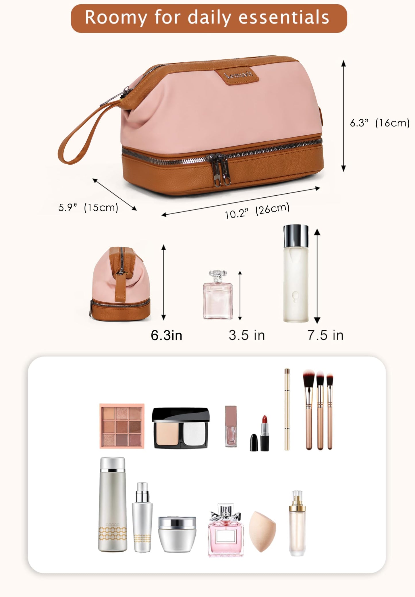 Lemuvlt Double-Layer Toiletry Bag, Water-Resistant Hybrid Leather Cosmetic Organizer with Wet/Dry Compartments, 26x15x16cm (Pink, Double layer)