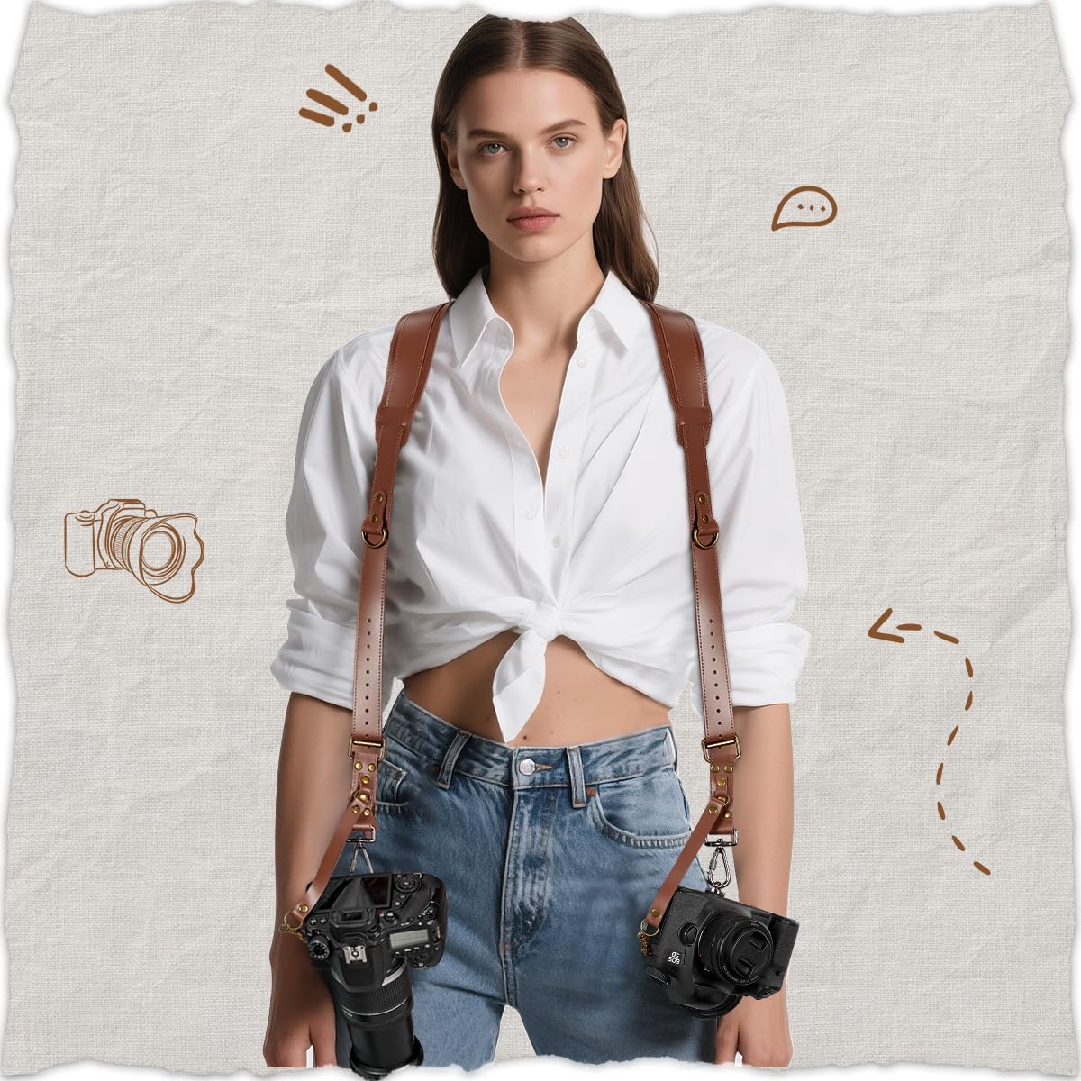 Jumyee Double Camera Harness Strap for 2 Cameras, Adjustable Shoulder Leather Camera Strap for Photographers, Professional Camera Harness for DSLR/SLR for Wedding, Wild, News(Brown Stitched)
