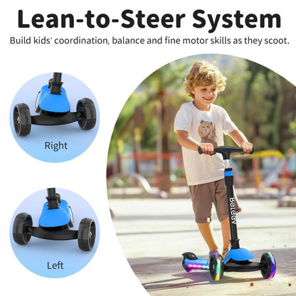 BELEEV Kids Scooter with LED Light-Up Wheels & Deck, 3 Wheel Folding Scooter for Toddlers Girls Boys Ages 3-12, Adjustable Handlebar, Lean to Steer, Extra Wide Wheel, Kick Scooter for Children (Blue)