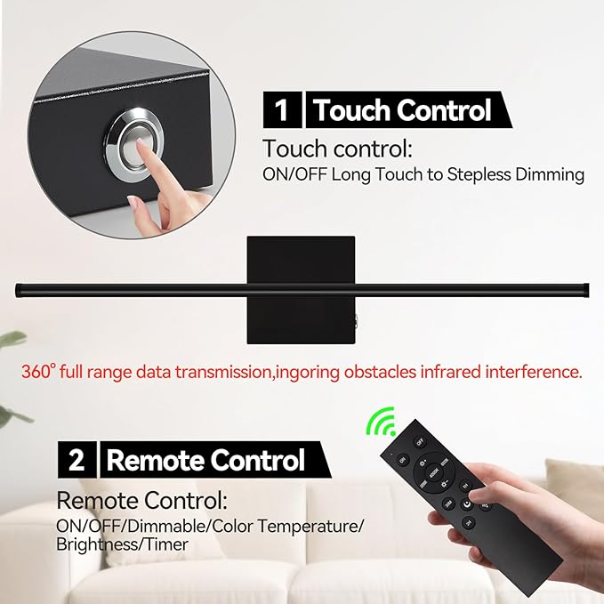Battery Operated Wall Sconces Set of 2, Wall Sconce with Remote Control, 26.7 Inch 3000K-6000K Dimmable Wireless Rechargeable Sconce,Wall Lights for Bedroom, Living Room, Hallway(Black)
