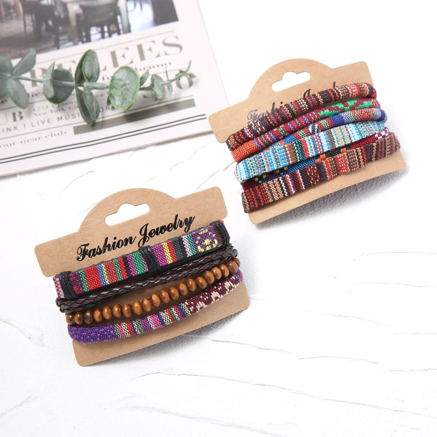 HZMAN 2Pcs Handmade Braided Leather Bracelet for Men Women Bohemian Ethnic Tribal Multilayer Hemp Rope Wristbands Wrap Cuff Bracelet