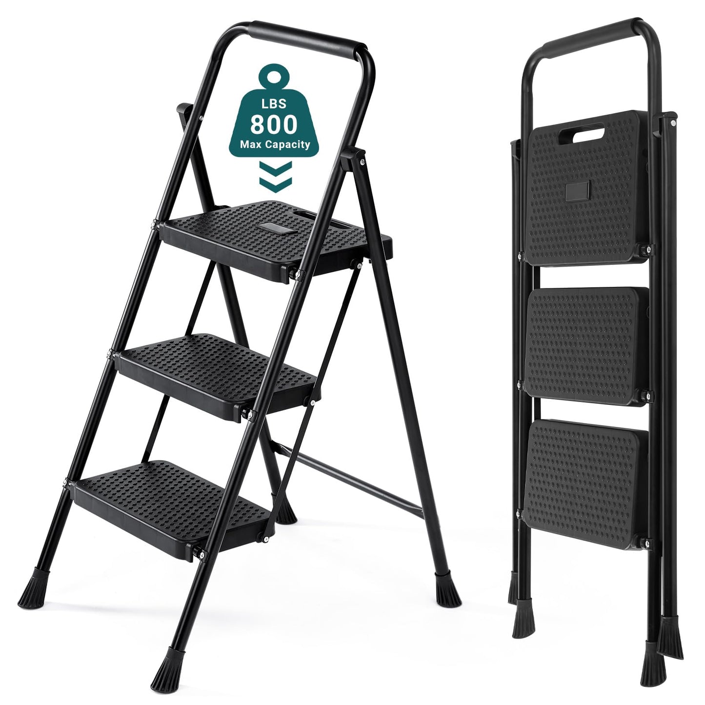 SMUG Step Ladder, 3 Step Stool Foldable with Anti-Slip Pedal & Comfortable Handrail, 800lbs Capacity Sturdy Steel Ladder, Protable Heavy Duty Step Stool for Kitchen, Garage & Outdoor Use, Black