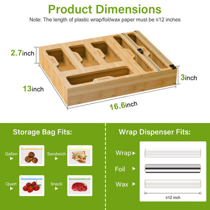 KOCWELL Bag Organizer and Plastic Wrap Dispenser with Cutter, 6 In 1 Bamboo Foil and Plastic Wrap Organizer for Kitchen Drawer, Food Storage Bag Organizer for Gallon,Quart,Sandwich,Snack(Yellow)