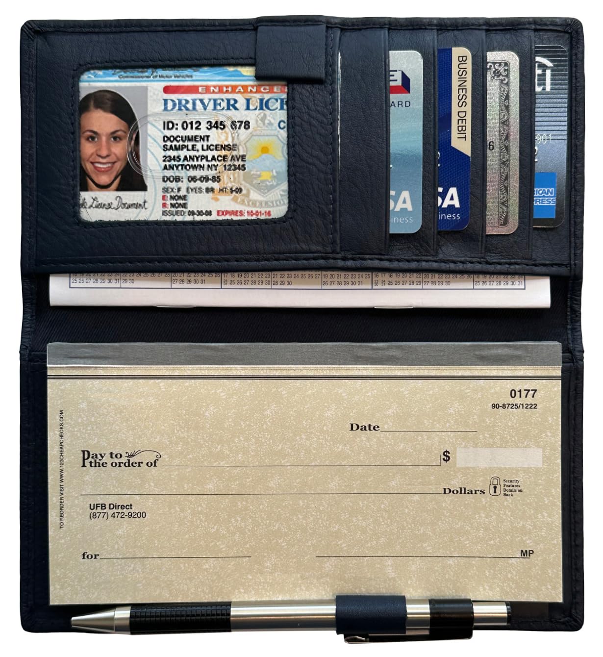 123 Cheap Checks Navy RFID Leather Checkbook Cover With Credit Card Slots and Pen Holder