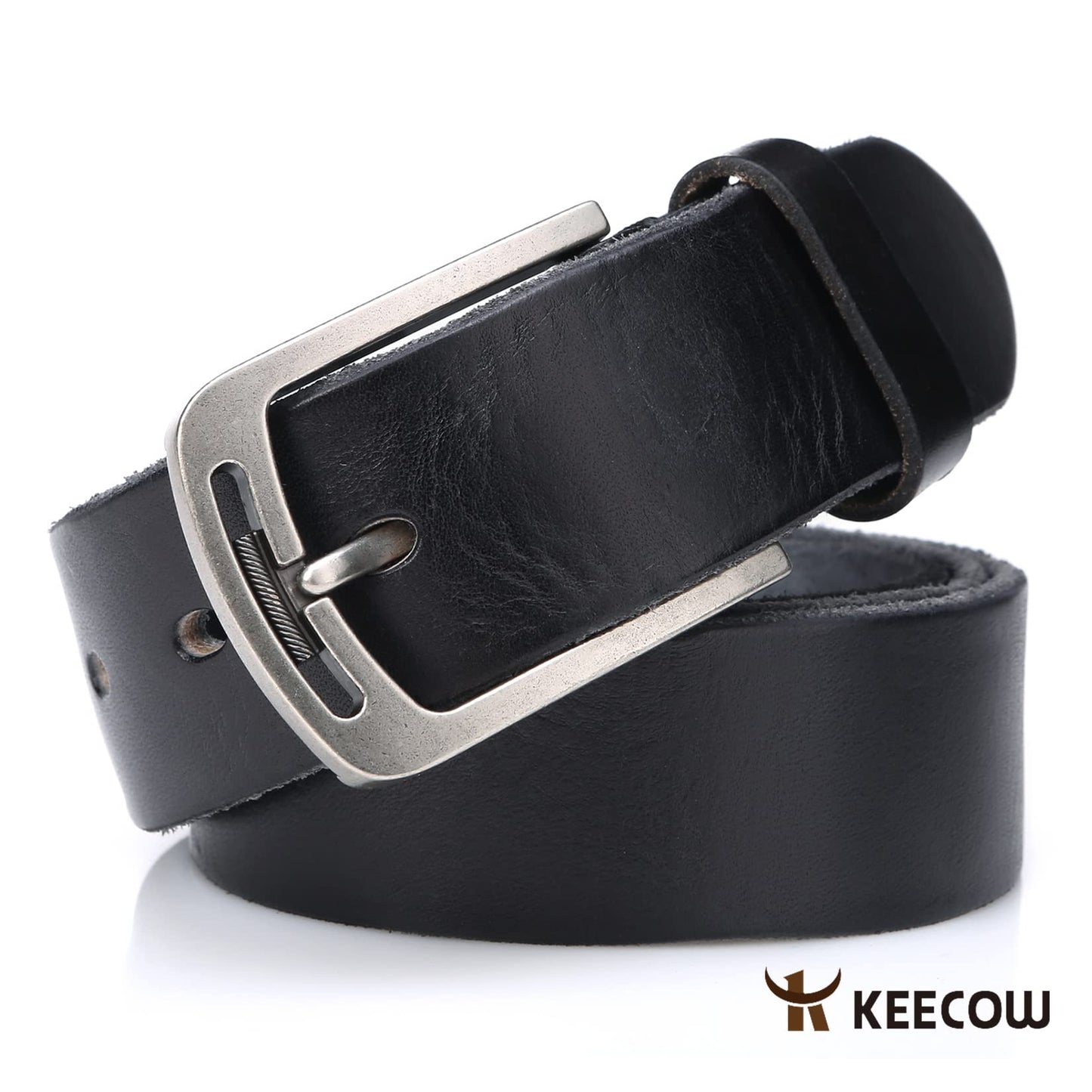 KEECOW Men's 100% Italian Cow Leather Belt Men With Anti-Scratch Buckle,Packed in a Box (Black-1001, 38-42)