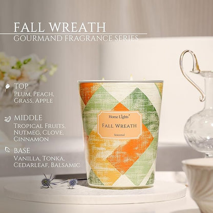HomeLights Large jar Candle | 3-Wick Long-Lasting Scented Candles, 34oz Natural Soy Wax Candle for Home Scented, Rustic Modern Gifts for Women & Men, Fall Wreath