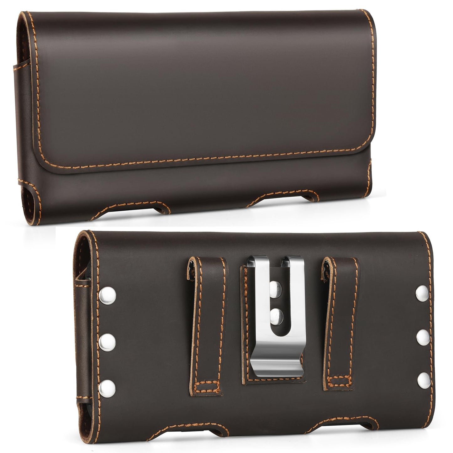 BECPLT Genuine Leather Phone Holster with Belt Clip for iPhone 17 Pro Max 16 Pro Max 15 Pro Max 15 Plus 14/13/12 Pro Max Galaxy S25+ S24+ S23+ S22+ S21+ S24 FE Cell Phone Pouch Belt Holder -Dark Brown