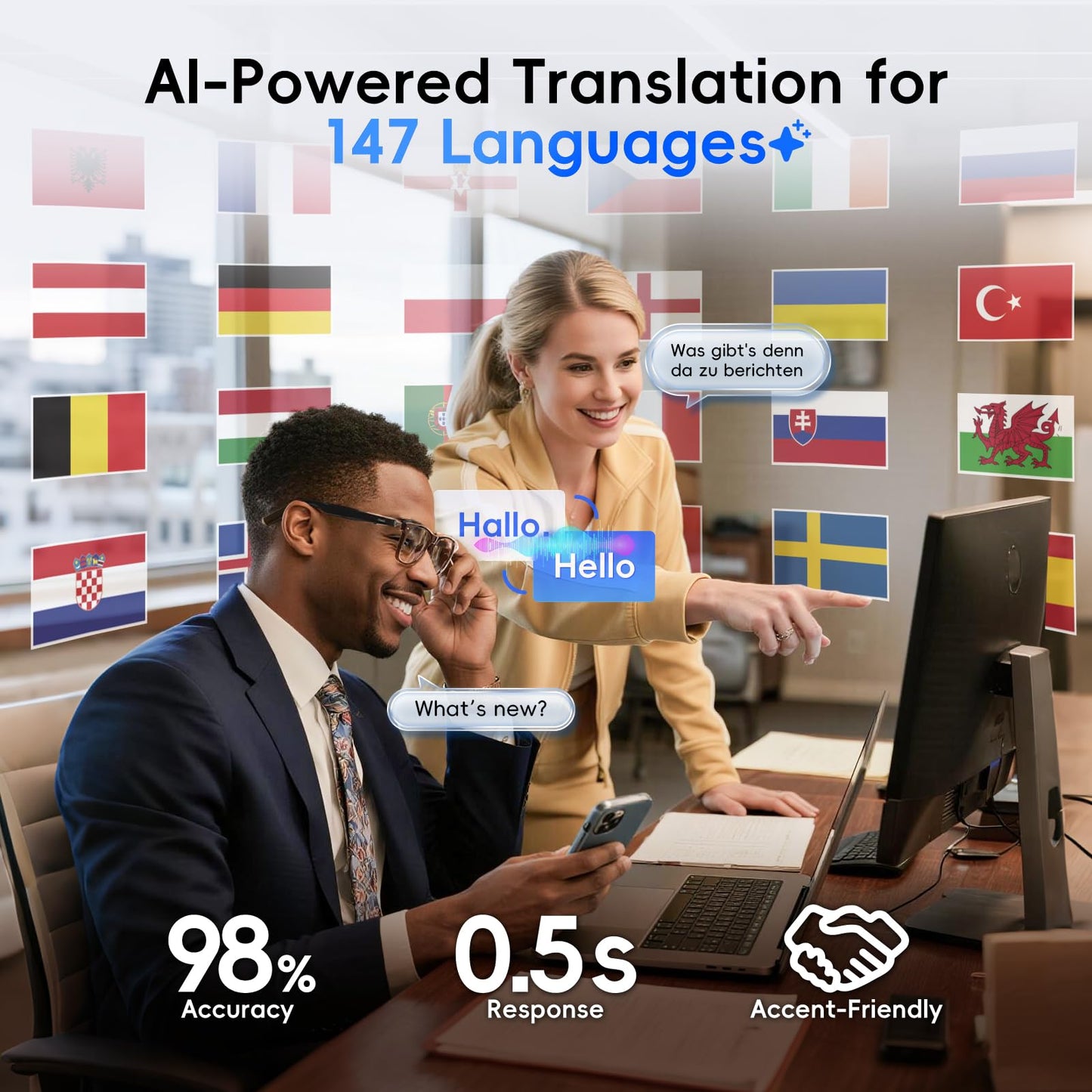 GetD AI Glasses for Men & Women, Smart Glasses Powered by ChatGPT, AI Real-time Translation with 145 Languages, 11H Music Play, Bluetooth Glasses with Photochromic Lens for Daily Use, Travel