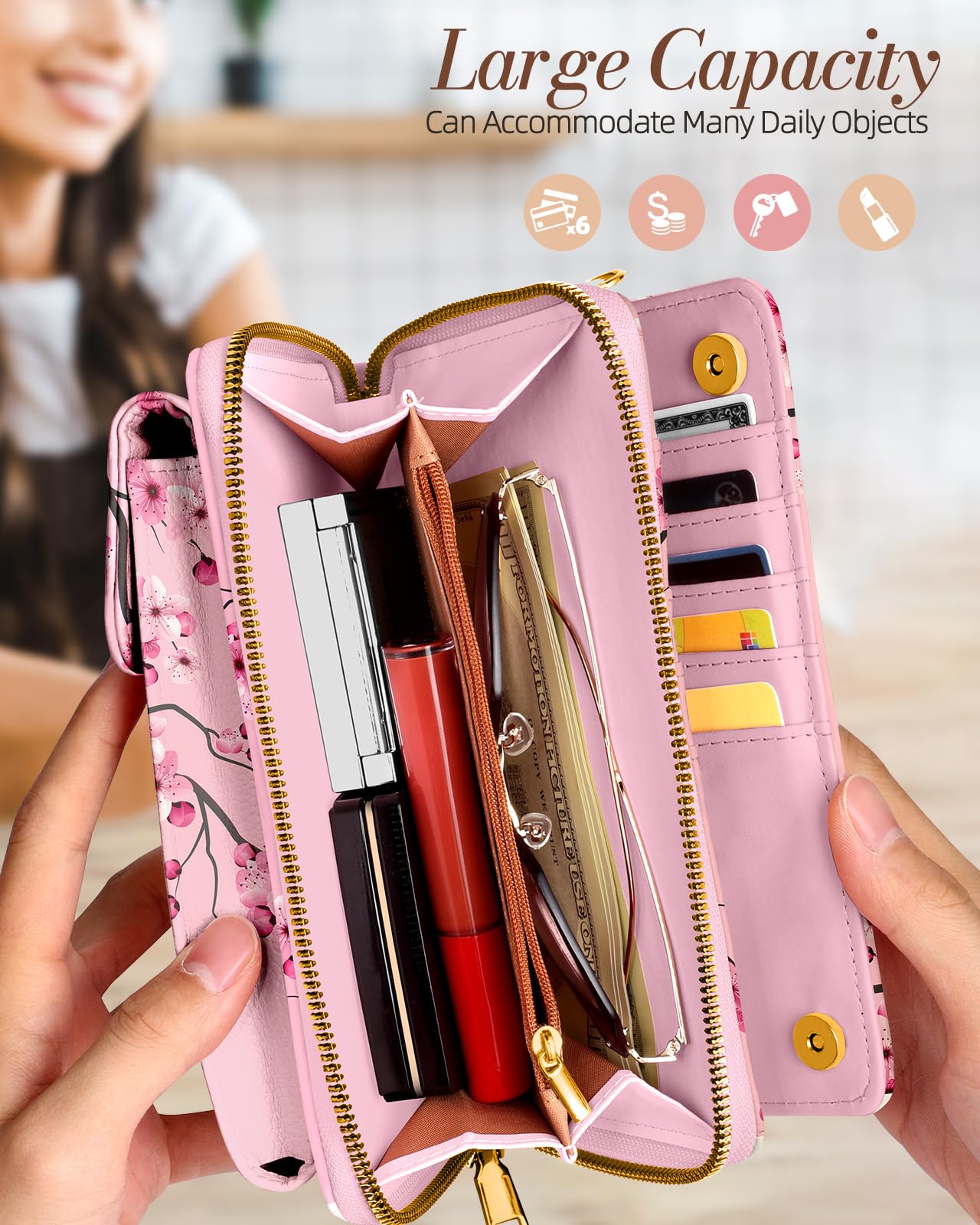 Miss Adola Cute Small Crossbody Purse Cell Phone Bags for Women - Leather Cellphone Wallet Purse with Adjustable Shoulder Rope and Wallet Card Slots, Peach Blossom