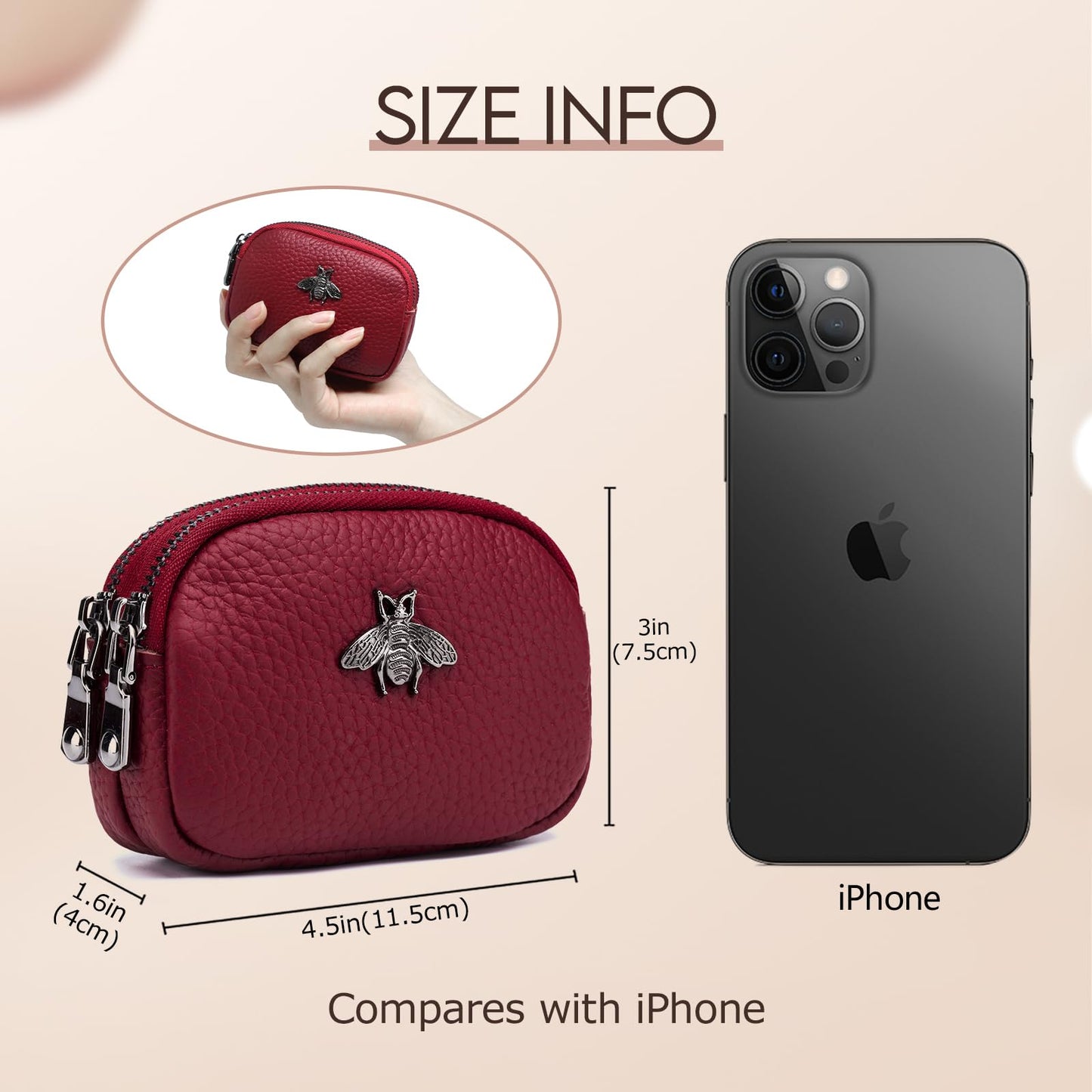 imeetu Women Leather Coin Purse, Small 2 Zippered Change Pouch Wallet(Red)