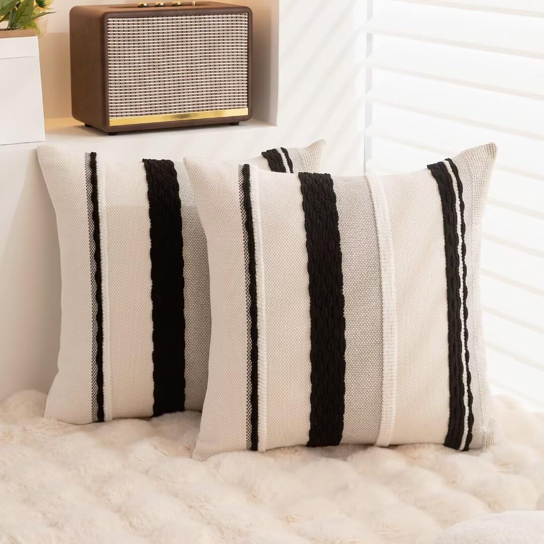 WANLIRD Boho Throw Pillow Covers 18x18 Set of 2 Farmhouse Decorative Cushion Case Striped Square Pillows Cover Chenille Pillow Cases Accent Neutral Pillowcase for Sofa Couch Bed,Black and White