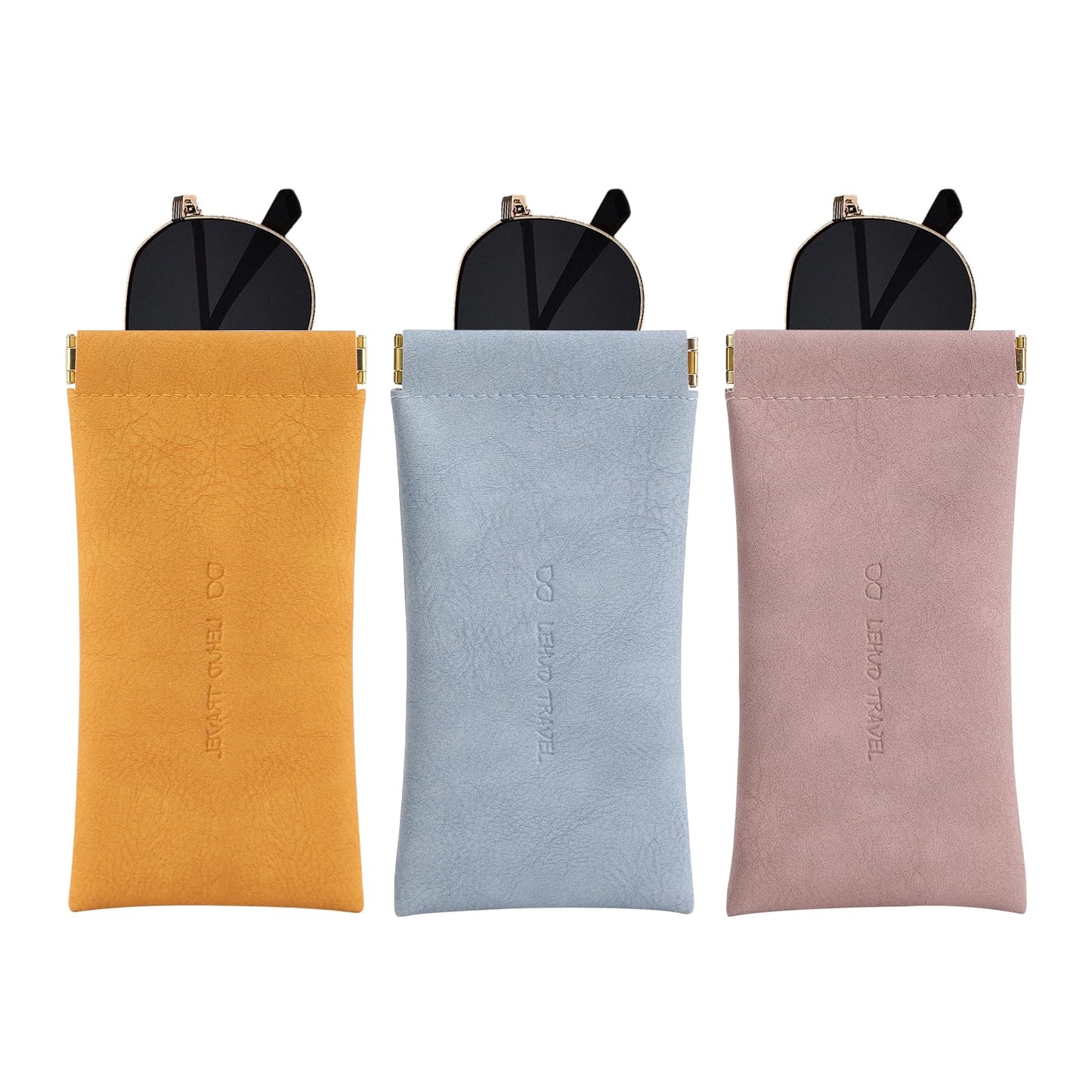 RIGHT AWAY 3Pcs Sunglasses Case Soft Glasses Case,Squeeze Top Eyeglass Case PU Leather Glass Pouch Bag for Women Girs,Slim Glasses Sleeve,Portable Sunglass Holder for Purse(Orange+Blue+Pink)