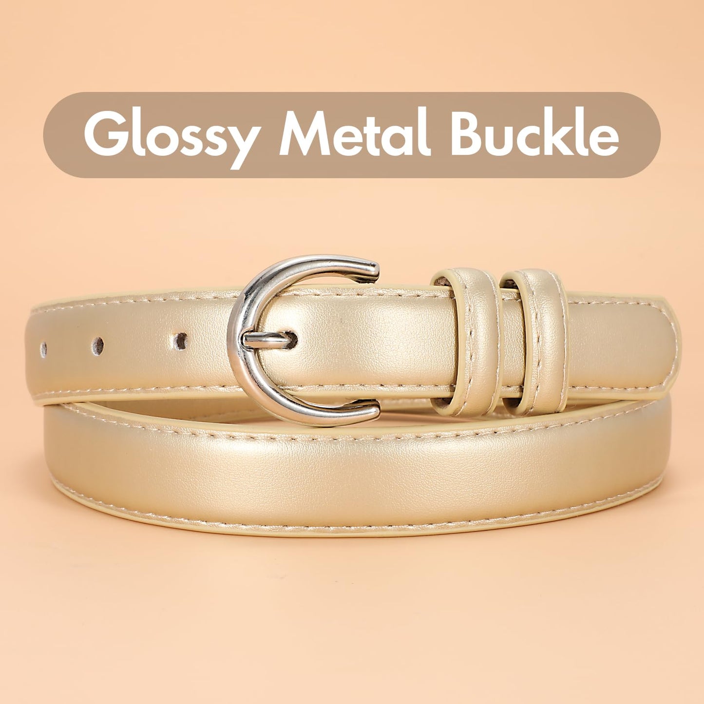 SANSTHS Women Leather Belt for Jeans Pants Fashion Ladies Skinny Belt for Dresses Thin Belt with Single Prong Buckle,Gold,S