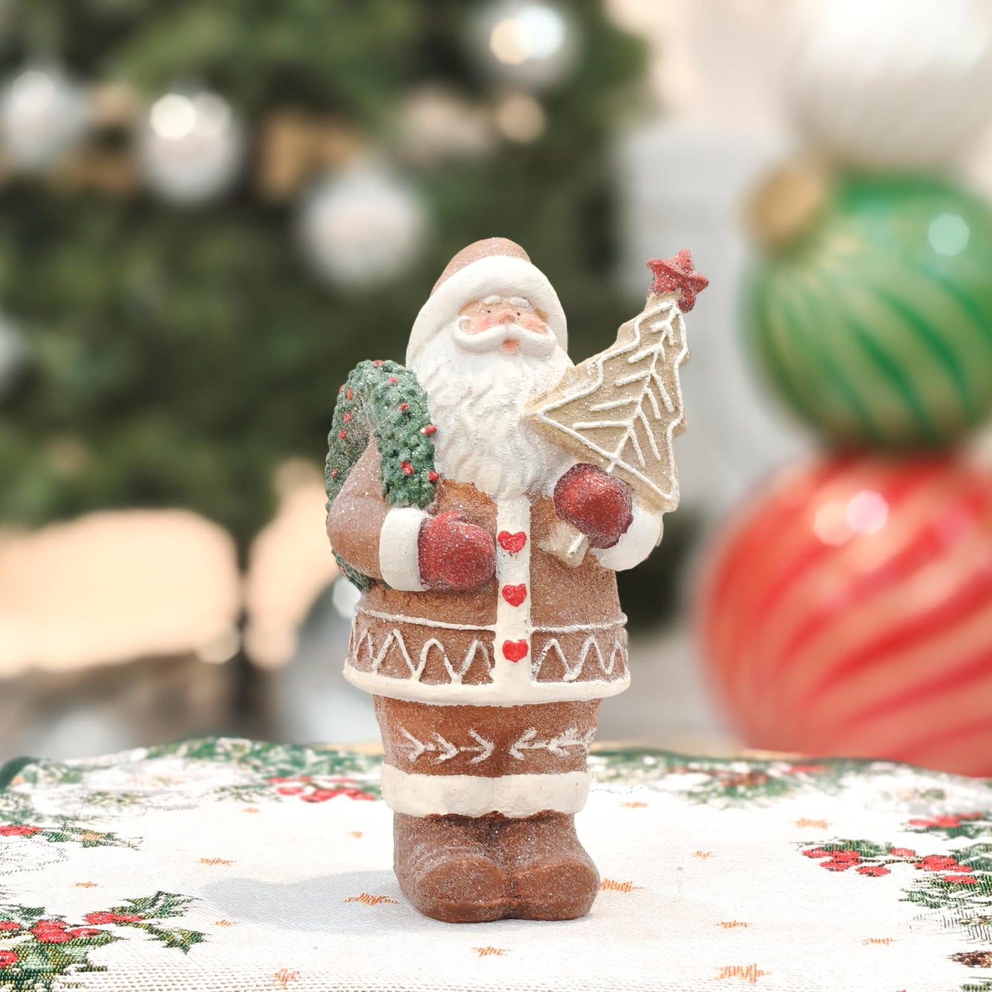 XIAPUX Gingerbread Santa Claus Figurines Gingerbread Christmas Decorations Indoor Resin Santa Figurines Decor Christmas Kitchen Table Party Decorations
