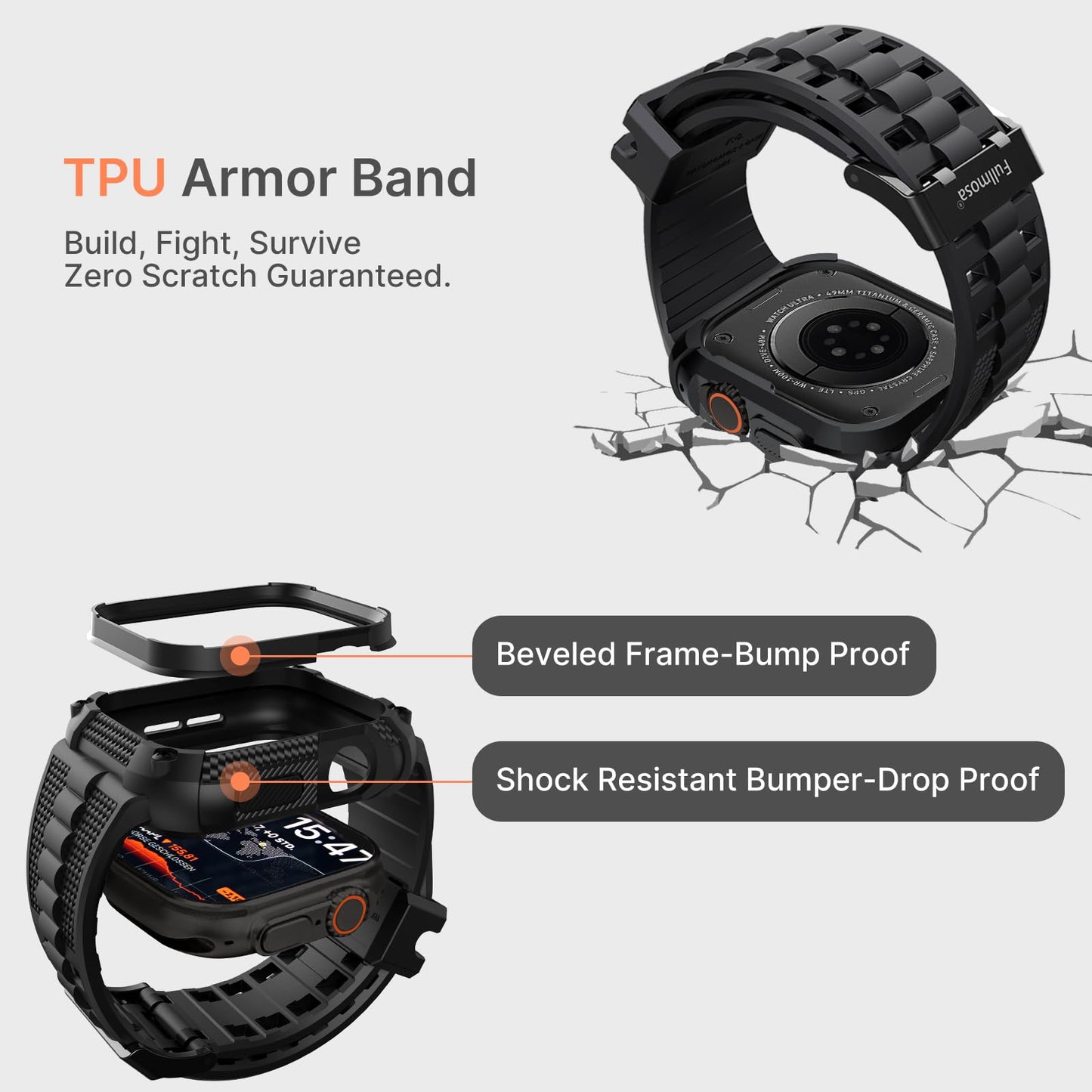 Fullmosa Compatible with Apple Watch Bands 49mm Ultra3/2/1, Rugged Apple Watch Strap Ultra with Military Grade Shockproof Bumper Case & Screen Protector for Men Women, Black