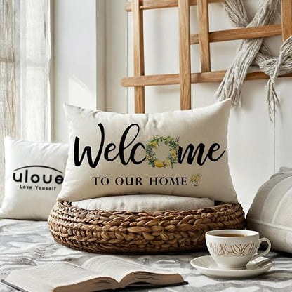 ULOVE LOVE YOURSELF Lemon Welcome Throw Pillow Covers 12 x 20 Inch Summer Holiday Decorative Lumbar Pillowcases Farmhouse Fresh Lemon Cushion Covers for Front Porch Decor