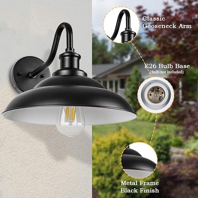 Outdoor Gooseneck Barn Light, 12'' Farmhouse Exterior Wall Mount Light, Outdoor Indoor Wall Sconce, Exterior Porch Lighting Fixture, Industrial Outside Black Lantern for Entryway Garage, 3 Pack