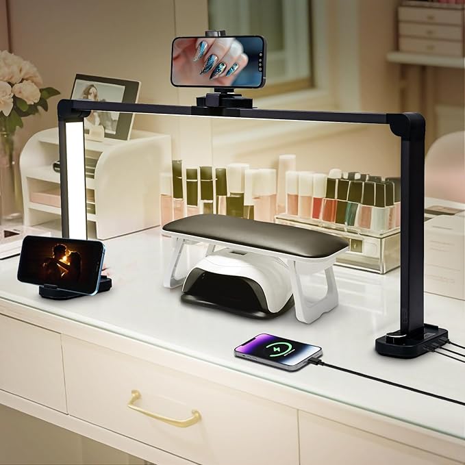 CGBE Foldable Nail Light for Desk with Phone Holder, Ultra-Large 33.5" Manicure Nail Tech Lights for Desk for Nails, Tattoos, Eyelash, Facial, Beauty (Black)