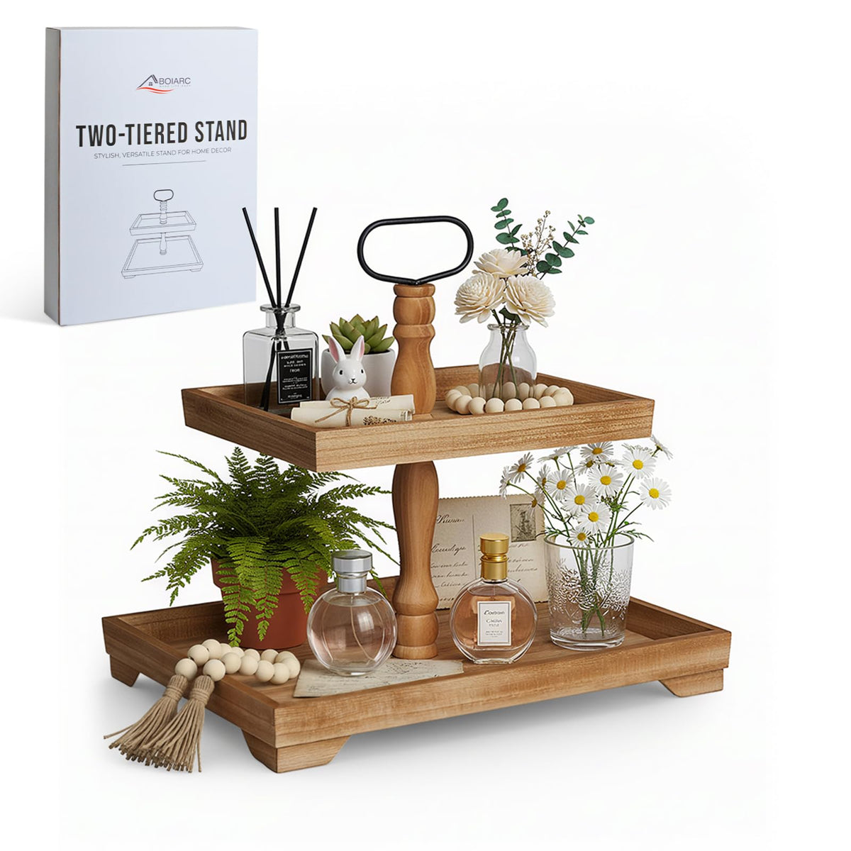 Boiarc Rustic Wooden 2 Tiered Tray Stand, Farmhouse Tiered Serving Tray Decor, Rectangle Wood Display Stands for Food Fruits Cupcake and Seasonal Festive Decorations (Brown)