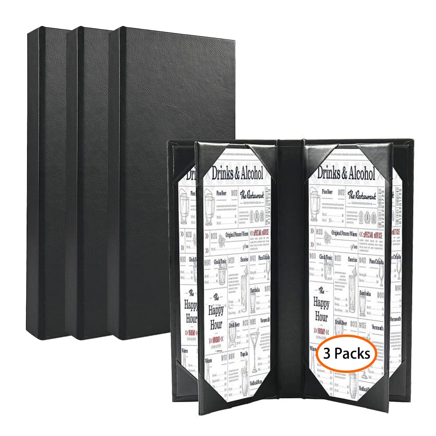 WFD.L 3 Packs Leather Menu Holder for 4.25x11 inch menus, Menu Covers Six Views Menu Covers for Restaurant Coffee Bars Hotel, Restaurant Covers 6 Views