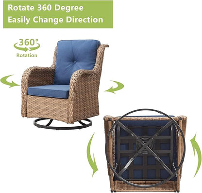 Rilyson Patio Chairs Wicker Outdoor Chair - 6 Piece Rattan Patio Swivel Rocking Chairs Set with Glass Top Side Table for Porch Deck Backyard(Yellow/Blue)