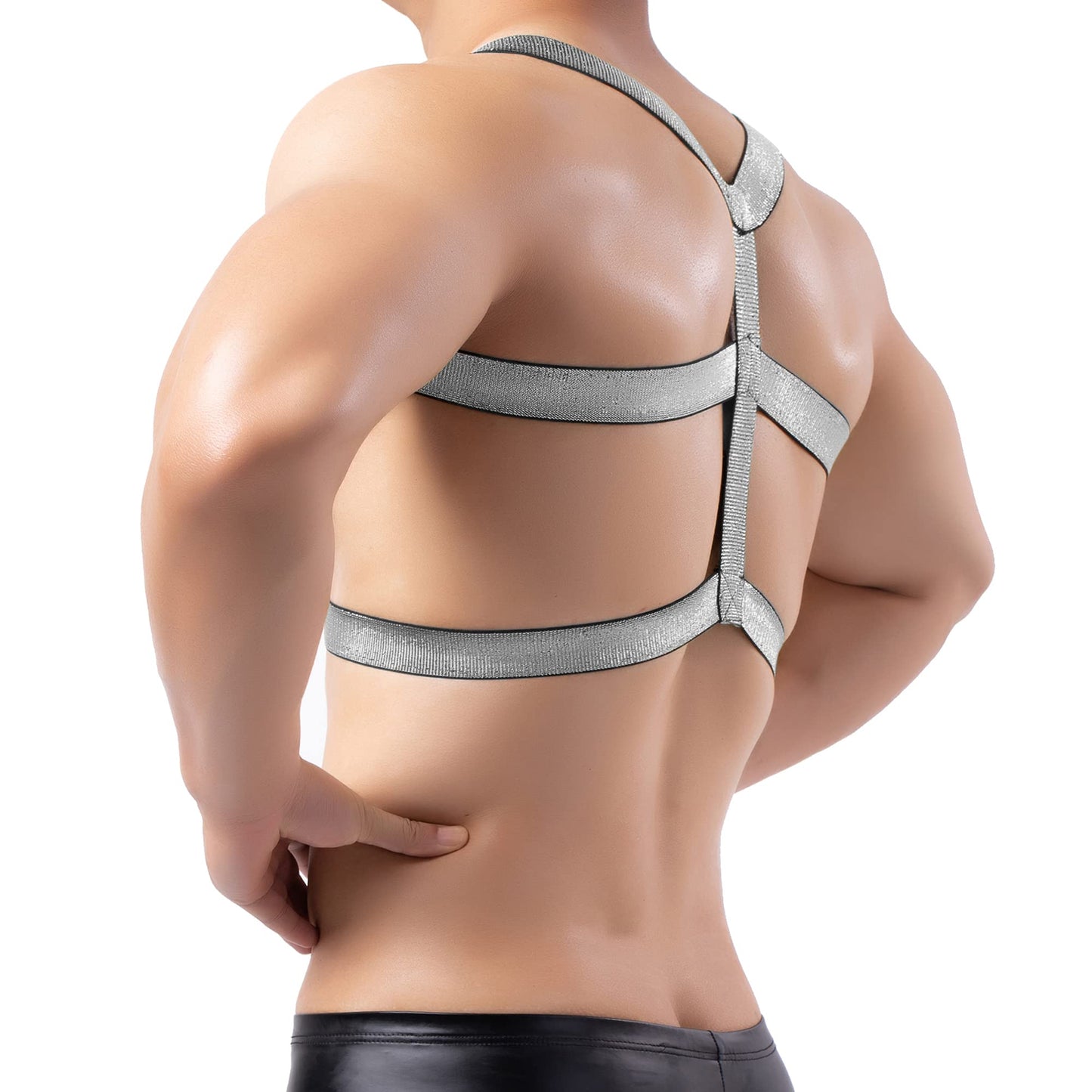 Man Harness Belt Body Chest Elastic Halter Nylon Shoulder Strap Club Wear Tops Black Silver