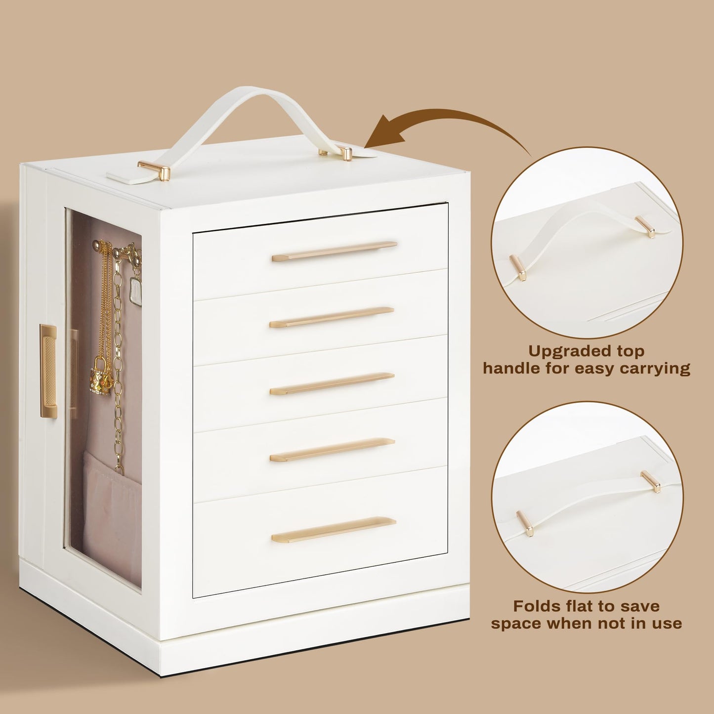 DUMIROICS 360° Rotating 5‑Drawers Jewelry Box with Top Handle & Glass Window, Spacious Vertical Jewelry Organizer, Jewelry Storage Case, Dustproof & Moisture‑resistant Design. (White)