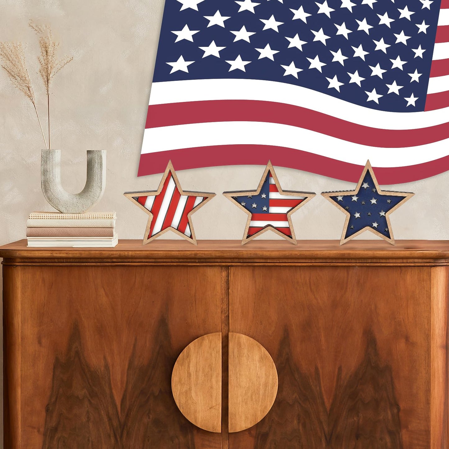 COCHIE 4th of July Decorations Wooden Stars, Patriotic Memorial Day Star Tiered Tray Decor Set of 3, Fourth of July Red White Blue Decoration for Home Office Table Shelf (Flag Hollow)