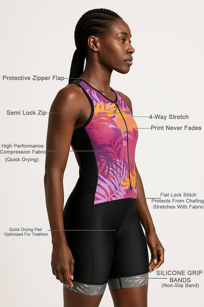 WIXEN Women's Triathlon Suit Sleeveless Tri Suit Padded Cycle Race Swim Bike Run Trisuit Back Pockets (Multi Leafs, XL)