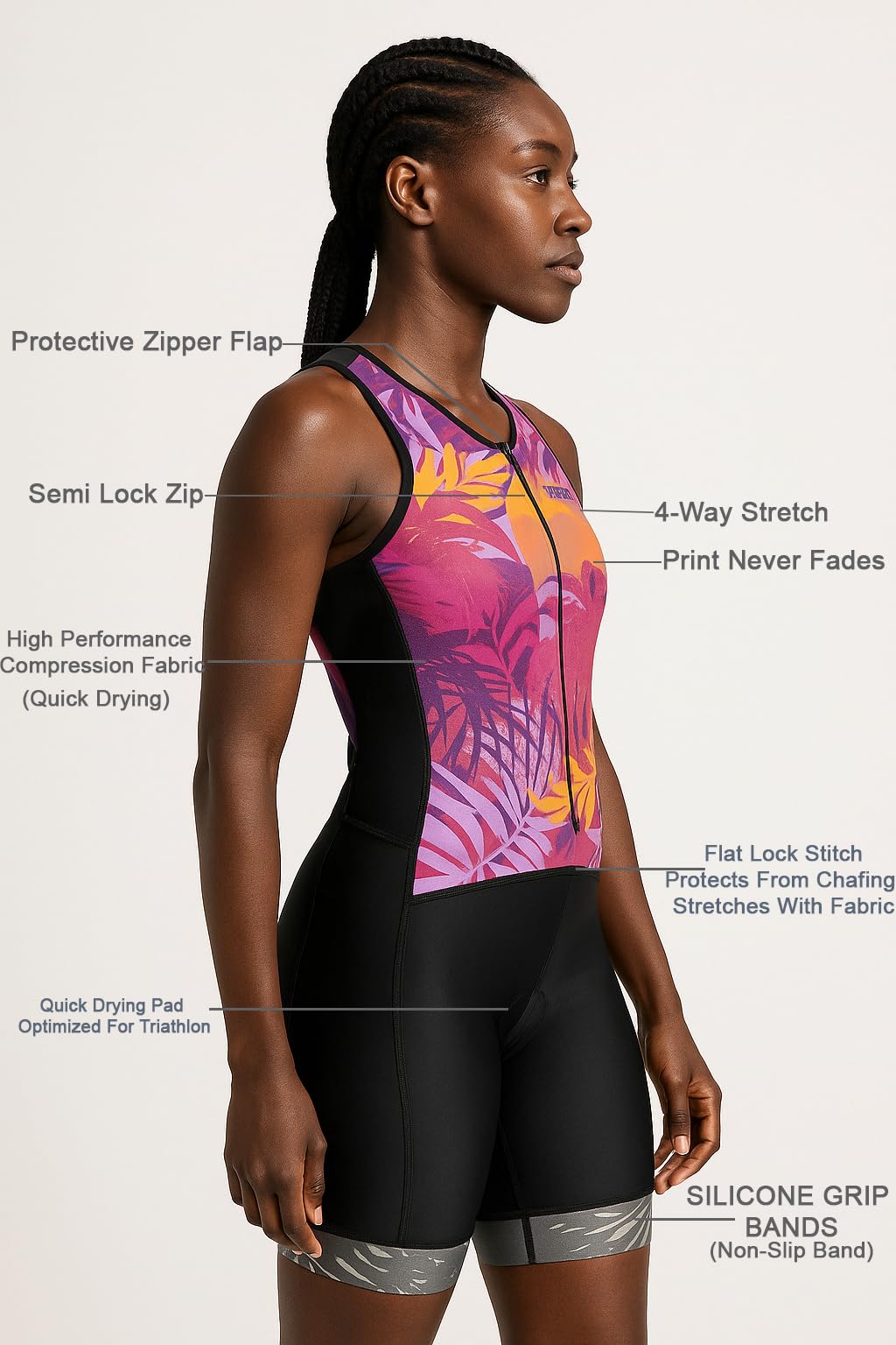 WIXEN Women's Triathlon Suit Sleeveless Tri Suit Padded Cycle Race Swim Bike Run Trisuit Back Pockets (Multi Leafs, L)