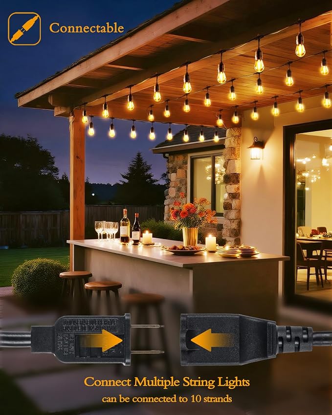 Outdoor String Lights,Super Bright LED - 2 Pack 48FT 15 S14 Bulbs(1 Spare), IP65 Waterproof, Commercial Grade & Shatterproof, Dimmable, UL Listed for Patio, Porch, Backyard, Gazebo