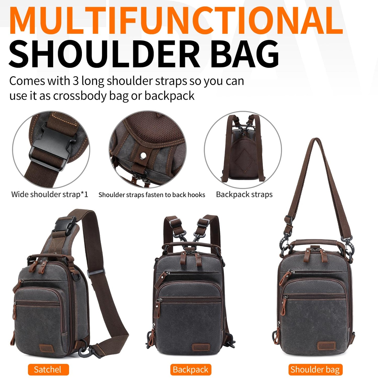 Nerlion Sling Bag for Men Waxed Canvas Crossbody Bag Chest Bag Shoulder Bag Casual Daypack for Travel (Gray)