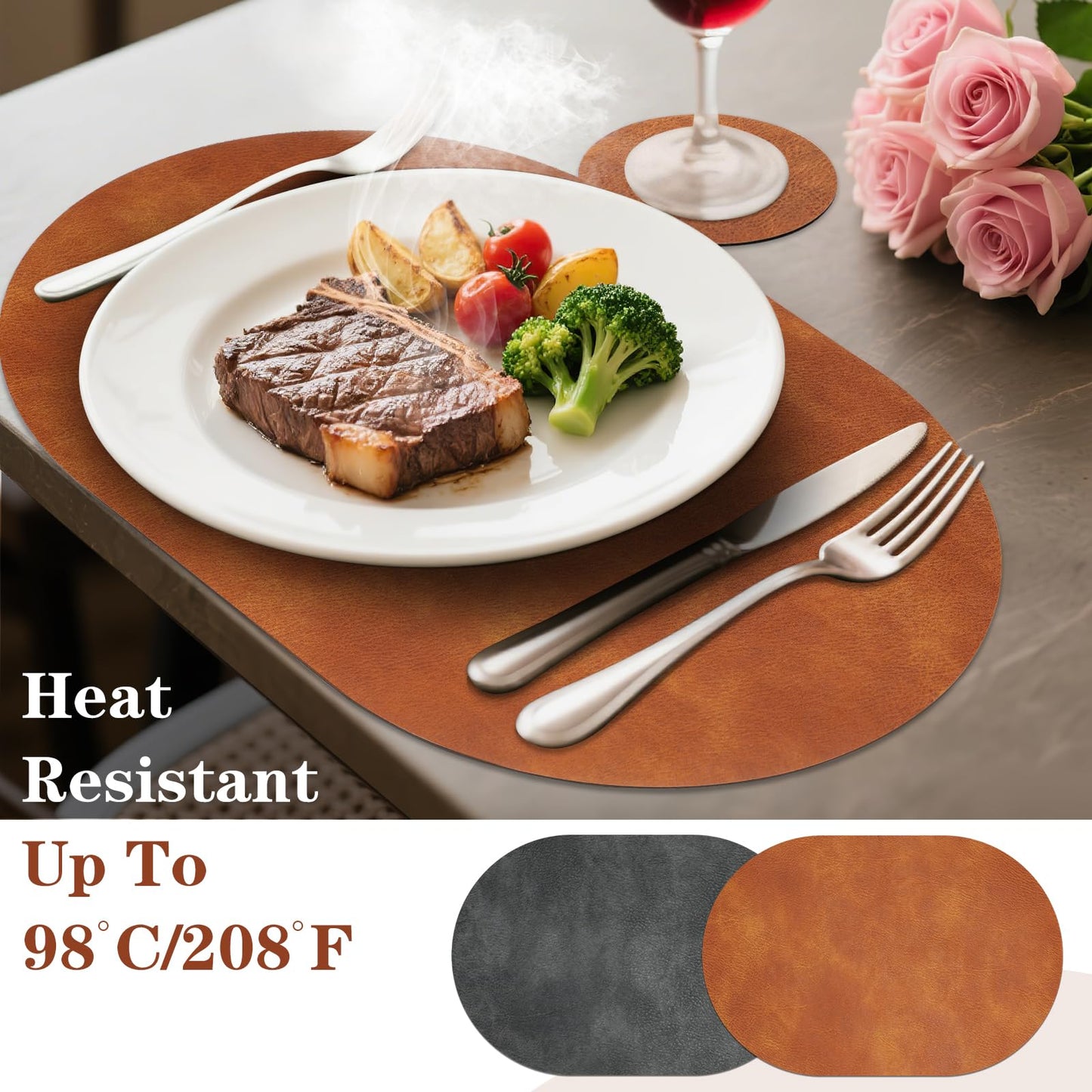 Pixieora Oval Placemats and Coasters Set of 6, Washable Reversible Faux Leather Placemats Cowhide Pattern Place Mats Wipeable Non-Slip 12 x 17 inch Kitchen Dining Table Mats (Gray Brown, 6)