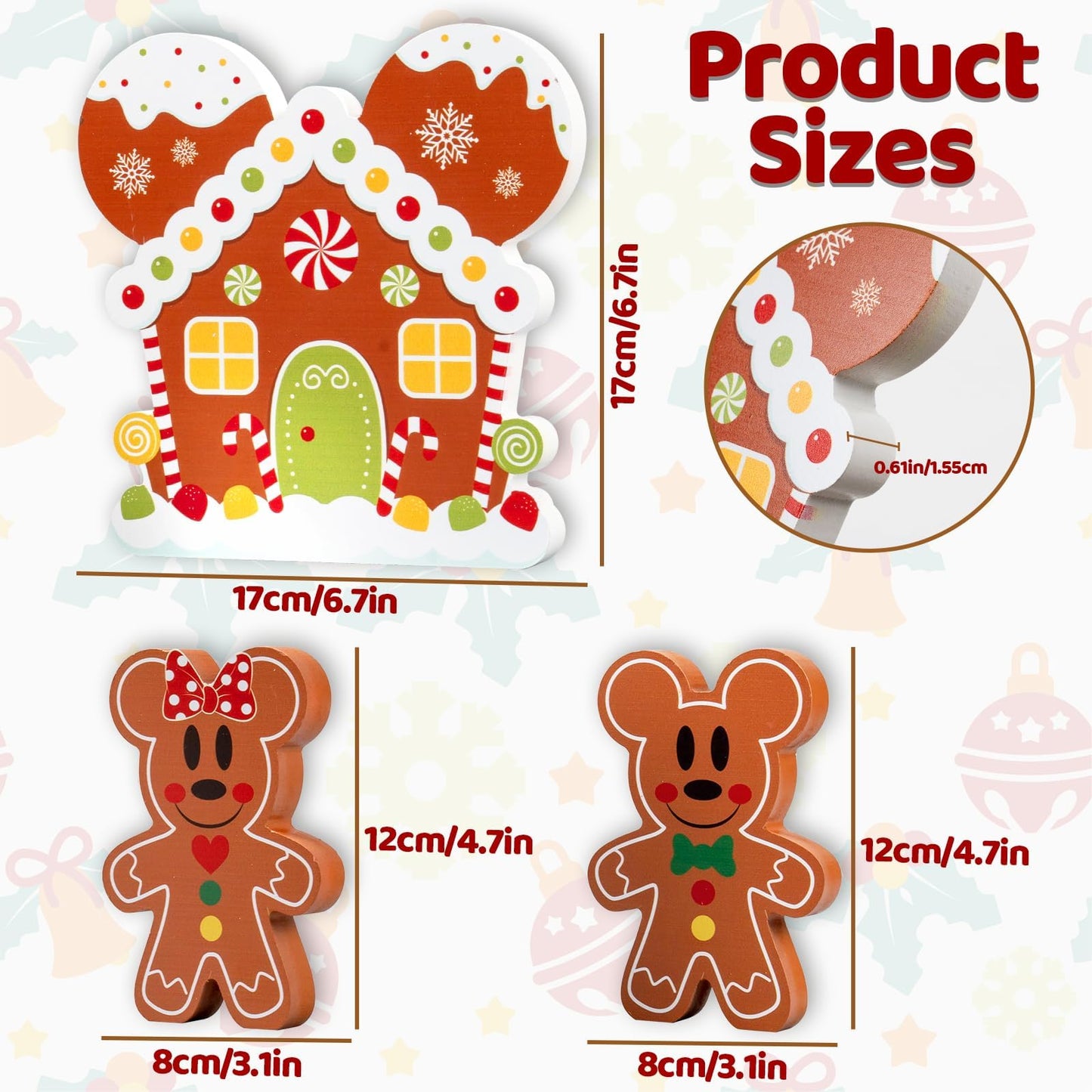 AMUHUA Gingerbread Christmas Table Decoration Set - 3pcs Wooden Gingerbread Mouse Centerpieces Table Decorations for Home Desk Shelf Xmas Party Decor Supplies