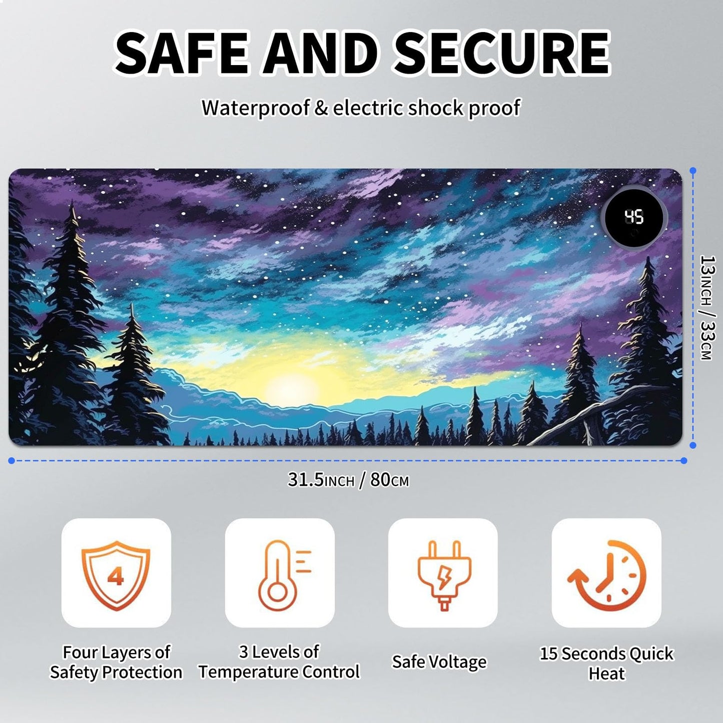 Heated Mouse Pad Hand Warmer, Warm Desk Pad Mousepad Desk Mat with 3 Levels Heating and Auto Shut Down 31.5 x 13 inch PU Leather Warmer Keyboard Mat for Gaming Laptop Office Home, Art Forest Galaxy