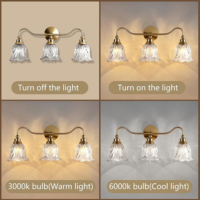 3-Lights Bathroom Vanity Light Gold Vintage Light Fixtures Floral Flower Matte Antique Brass Crystal Glass Shade, Wall Sconces Lighting for Living Room, Bedroom, Hallway（E12 Base）