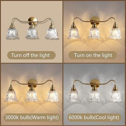 3-Lights Bathroom Vanity Light Gold Vintage Light Fixtures Floral Flower Matte Antique Brass Crystal Glass Shade, Wall Sconces Lighting for Living Room, Bedroom, Hallway（E12 Base）
