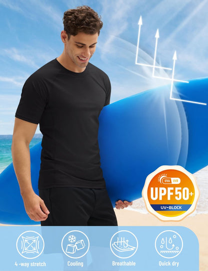 MAGCOMSEN Men's Swim Shirts Short Sleeve Rash Guard UPF 50+ Sun Protection Quick Dry Water Shirt Black L