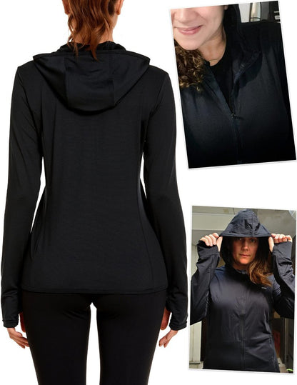 COOrun Women's UPF 50+ Sun Protection Hoodie Jacket Lightweight Full Zip Running Jacket Athletic Workout Top with Thumb Holes Zipper Pockets Black XL