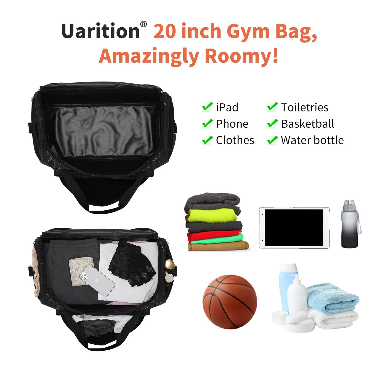 Gym Bag for Men - 55L Black Durable Large Duffle Bag for Travel, Workout, Fitness & Sport